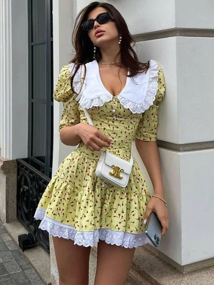Vestido floral ajustado con cordones para mujer, elegante vestido de lujo con encaje, cuello vuelto, manga corta, pliegues, vestido de fiesta retro para mujer