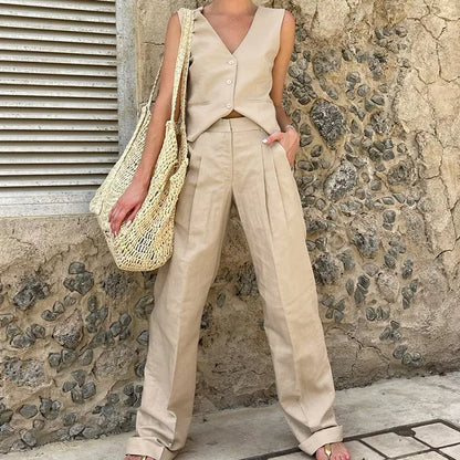 Conjunto de pantalón holgado de cintura alta para mujer, traje informal holgado con cuello en V, chaleco de verano de 2 piezas, trajes para mujer 2025