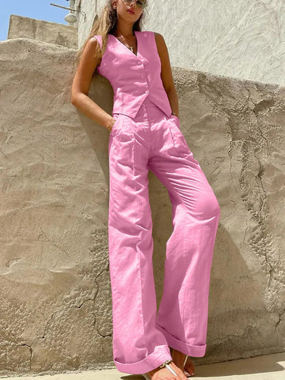 Conjunto de pantalón holgado de cintura alta para mujer, traje informal holgado con cuello en V, chaleco de verano de 2 piezas, trajes para mujer 2025