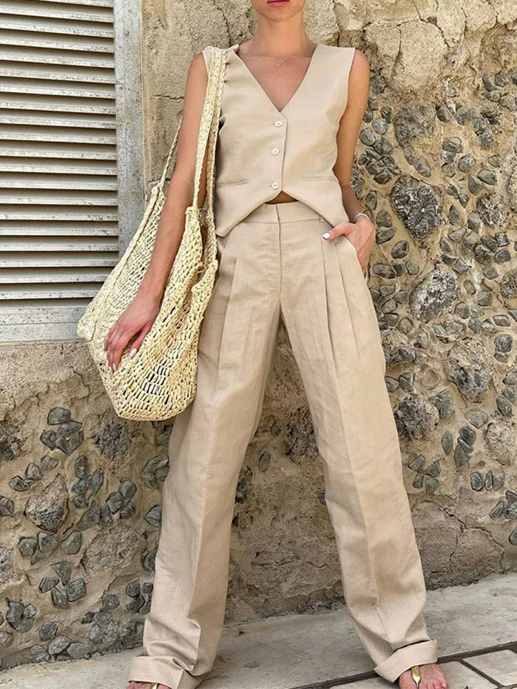 Conjunto de pantalón holgado de cintura alta para mujer, traje informal holgado con cuello en V, chaleco de verano de 2 piezas, trajes para mujer 2025