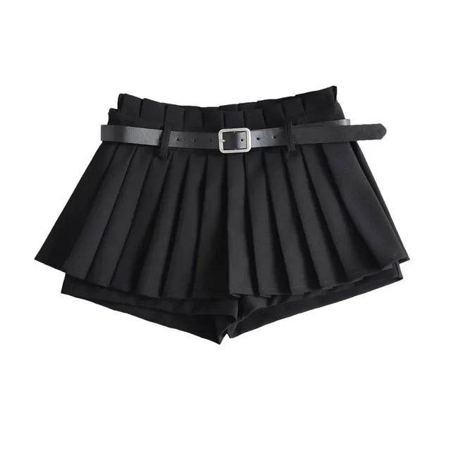 Low Waist Slim Mini Pleated Skirt For Women 2025 Summer Casual Black Belt Skirts Babes Fashionable Solid Une Jupe Ligne