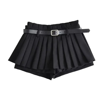 Low Waist Slim Mini Pleated Skirt For Women 2025 Summer Casual Black Belt Skirts Babes Fashionable Solid Une Jupe Ligne