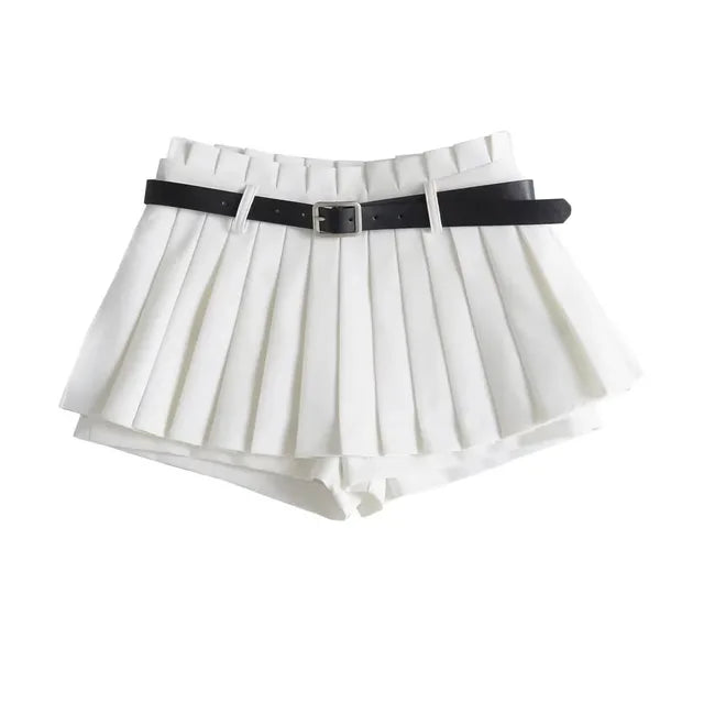 Low Waist Slim Mini Pleated Skirt For Women 2025 Summer Casual Black Belt Skirts Babes Fashionable Solid Une Jupe Ligne