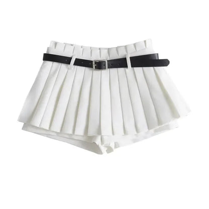 Low Waist Slim Mini Pleated Skirt For Women 2025 Summer Casual Black Belt Skirts Babes Fashionable Solid Une Jupe Ligne