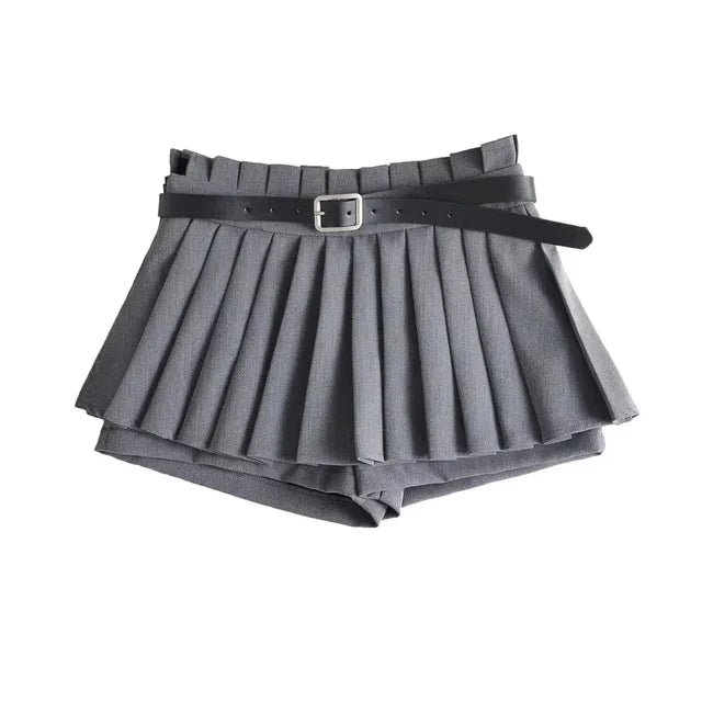 Low Waist Slim Mini Pleated Skirt For Women 2025 Summer Casual Black Belt Skirts Babes Fashionable Solid Une Jupe Ligne