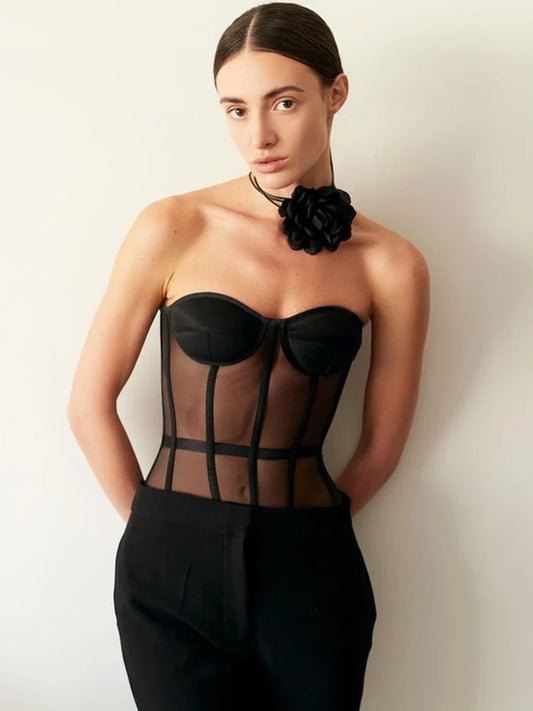 Sujetador de copa de malla para el pecho, corsé, top negro para mujer, top corto con cordones y hombros descubiertos, chaleco ajustado de estilo urbano, corsés Y2K Uderbrust