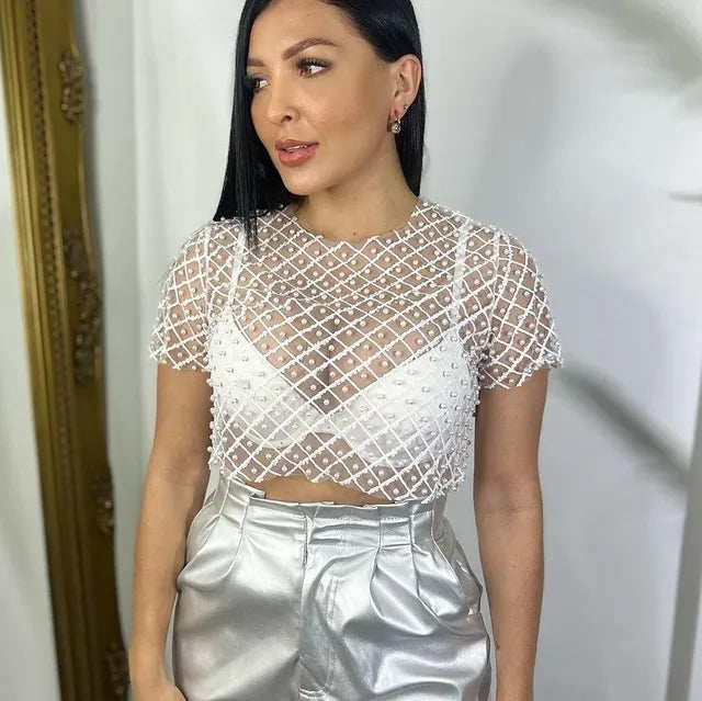Mesh Splice Sequins Cover-up Women Sexy See Through Short Sleeve Crop Tops Ladies 2025 Party Beach Shirts Cover Up Femme