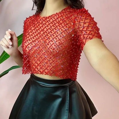Mesh Splice Sequins Cover-up Women Sexy See Through Short Sleeve Crop Tops Ladies 2025 Party Beach Shirts Cover Up Femme