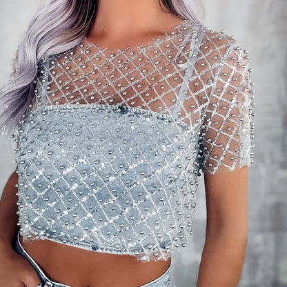 Mesh Splice Sequins Cover-up Women Sexy See Through Short Sleeve Crop Tops Ladies 2025 Party Beach Shirts Cover Up Femme