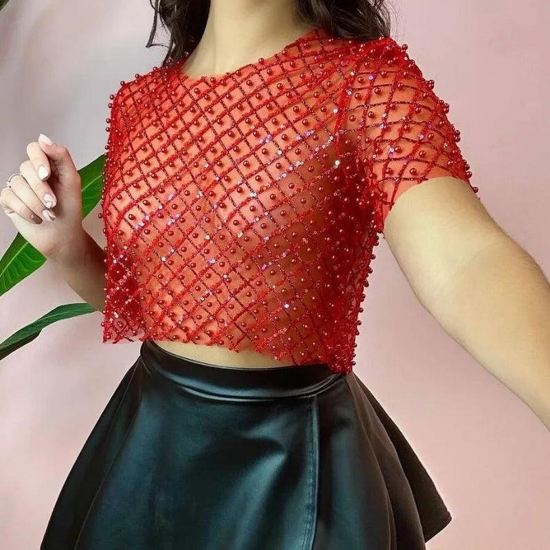 Mesh Splice Sequins Cover-up Women Sexy See Through Short Sleeve Crop Tops Ladies 2025 Party Beach Shirts Cover Up Femme