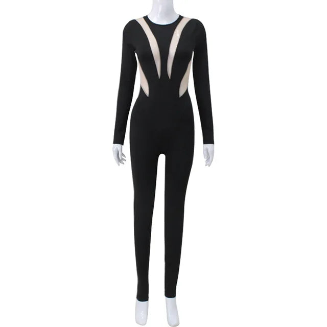 Mesh Stitching Jumpsuit Women Long Sleeve Bodycon One Piece See Through Monos Mujer Elegante Club Sexy Women’s Playsuit