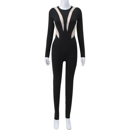 Mesh Stitching Jumpsuit Women Long Sleeve Bodycon One Piece See Through Monos Mujer Elegante Club Sexy Women’s Playsuit