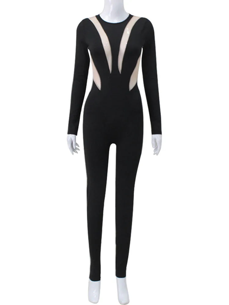 Mesh Stitching Jumpsuit Women Long Sleeve Bodycon One Piece See Through Monos Mujer Elegante Club Sexy Women’s Playsuit