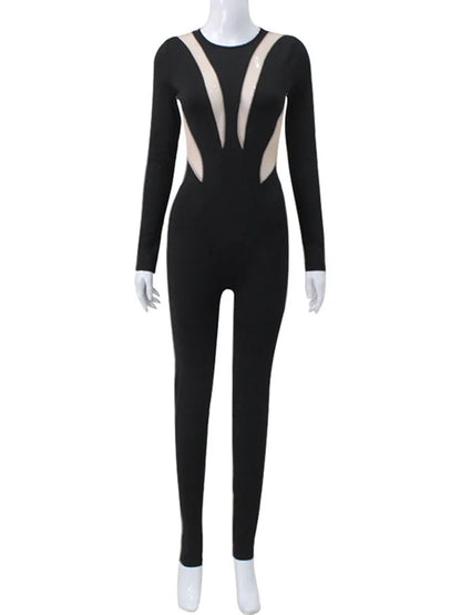 Mesh Stitching Jumpsuit Women Long Sleeve Bodycon One Piece See Through Monos Mujer Elegante Club Sexy Women’s Playsuit