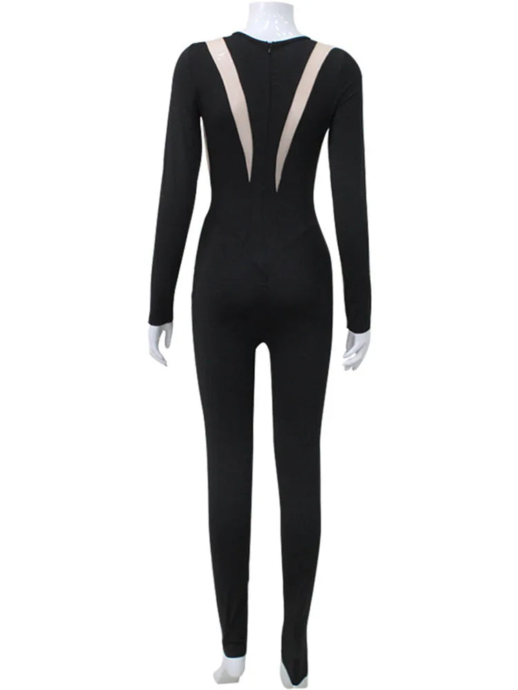 Mesh Stitching Jumpsuit Women Long Sleeve Bodycon One Piece See Through Monos Mujer Elegante Club Sexy Women’s Playsuit