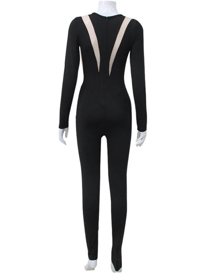 Mesh Stitching Jumpsuit Women Long Sleeve Bodycon One Piece See Through Monos Mujer Elegante Club Sexy Women’s Playsuit