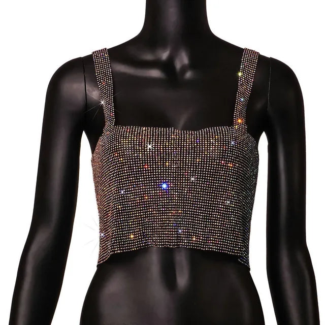 Camiseta sin mangas de malla metálica con diamantes de imitación para mujer, top corto con cadena hueca en la espalda, chaleco sexy para playa y fiesta en club.