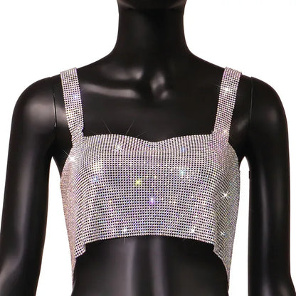 Camiseta sin mangas de malla metálica con diamantes de imitación para mujer, top corto con cadena hueca en la espalda, chaleco sexy para playa y fiesta en club.