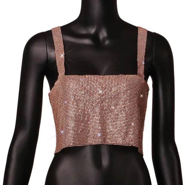 Camiseta sin mangas de malla metálica con diamantes de imitación para mujer, top corto con cadena hueca en la espalda, chaleco sexy para playa y fiesta en club.
