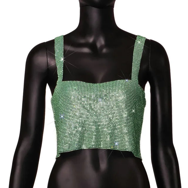 Camiseta sin mangas de malla metálica con diamantes de imitación para mujer, top corto con cadena hueca en la espalda, chaleco sexy para playa y fiesta en club.