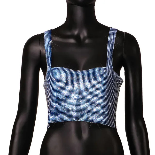 Camiseta sin mangas de malla metálica con diamantes de imitación para mujer, top corto con cadena hueca en la espalda, chaleco sexy para playa y fiesta en club.