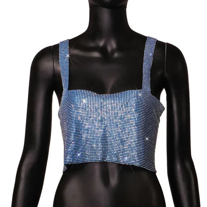Camiseta sin mangas de malla metálica con diamantes de imitación para mujer, top corto con cadena hueca en la espalda, chaleco sexy para playa y fiesta en club.