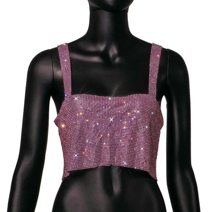 Camiseta sin mangas de malla metálica con diamantes de imitación para mujer, top corto con cadena hueca en la espalda, chaleco sexy para playa y fiesta en club.
