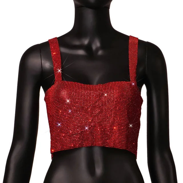 Camiseta sin mangas de malla metálica con diamantes de imitación para mujer, top corto con cadena hueca en la espalda, chaleco sexy para playa y fiesta en club.