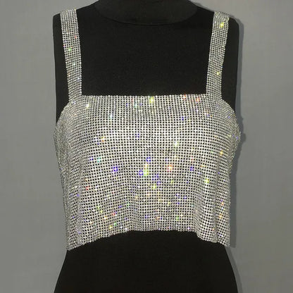 Camiseta sin mangas de malla metálica con diamantes de imitación para mujer, top corto con cadena hueca en la espalda, chaleco sexy para playa y fiesta en club.