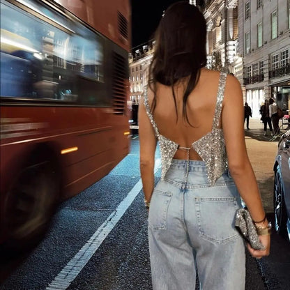 Camiseta sin mangas de malla metálica con diamantes de imitación para mujer, top corto con cadena hueca en la espalda, chaleco sexy para playa y fiesta en club.