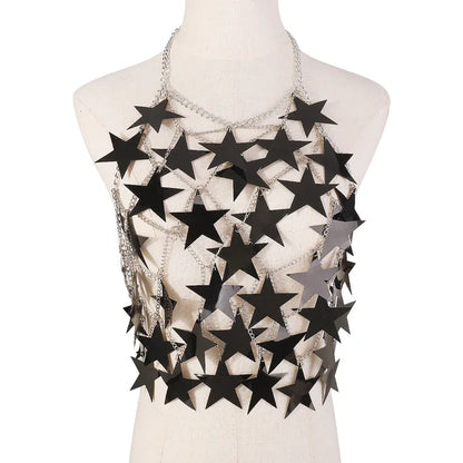 Metal Stars Sequins Bikini Tank Top Women See Through Fashion Solid Crop Tops Woman Holiday Beach Sexy Hot Girls Cover Up