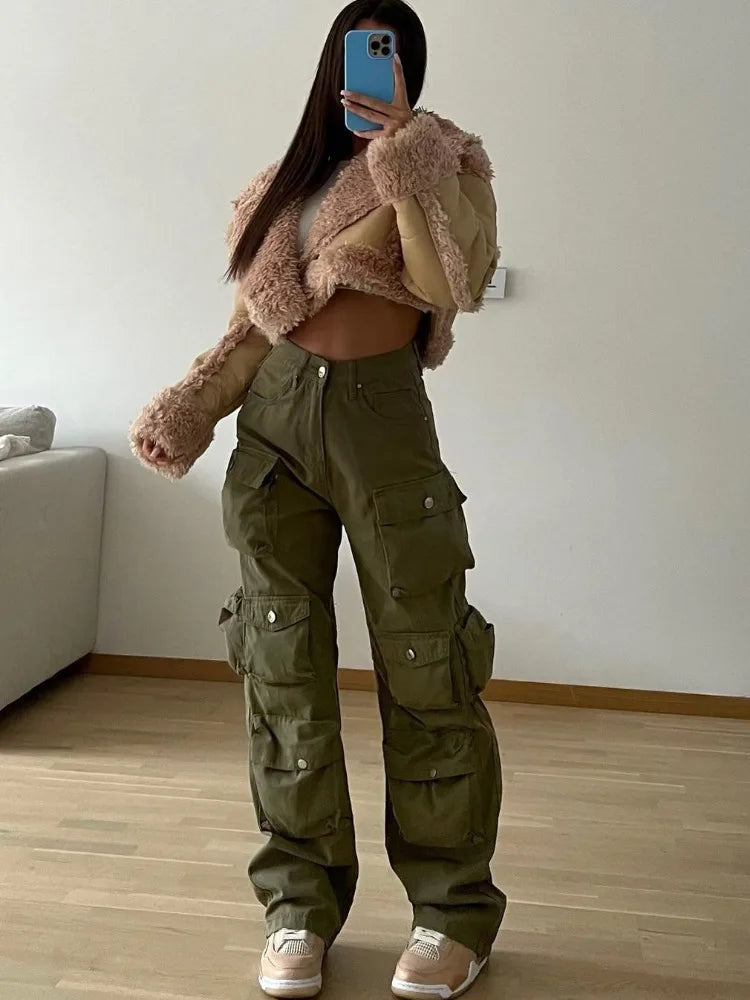 Pantalones cargo con múltiples bolsillos para mujer, pantalones deportivos holgados de cintura alta a la moda, pantalones de calle holgados para mujer, pantalones para mujer
