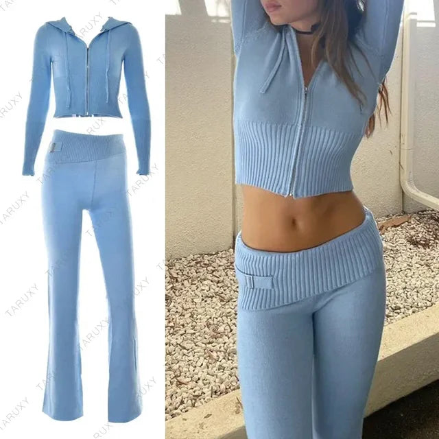 New Knitted Hoodie Cropped Top And Pants Sets White Y2k Casual Outfits Low Waist Knit Two Piece Sets For Women Tracksuit