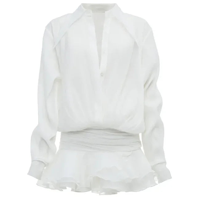 New White Chiffon Dress For Women Casual Ruffled Pleated Mini Dress See-through Loose Oversized Shirt Dress Cover-Up 2025