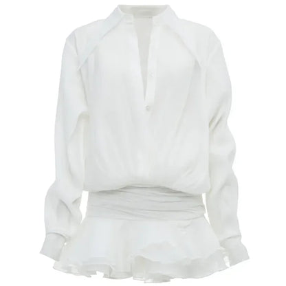 New White Chiffon Dress For Women Casual Ruffled Pleated Mini Dress See-through Loose Oversized Shirt Dress Cover-Up 2025