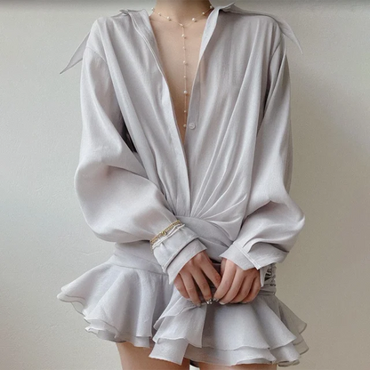 New White Chiffon Dress For Women Casual Ruffled Pleated Mini Dress See-through Loose Oversized Shirt Dress Cover-Up 2025