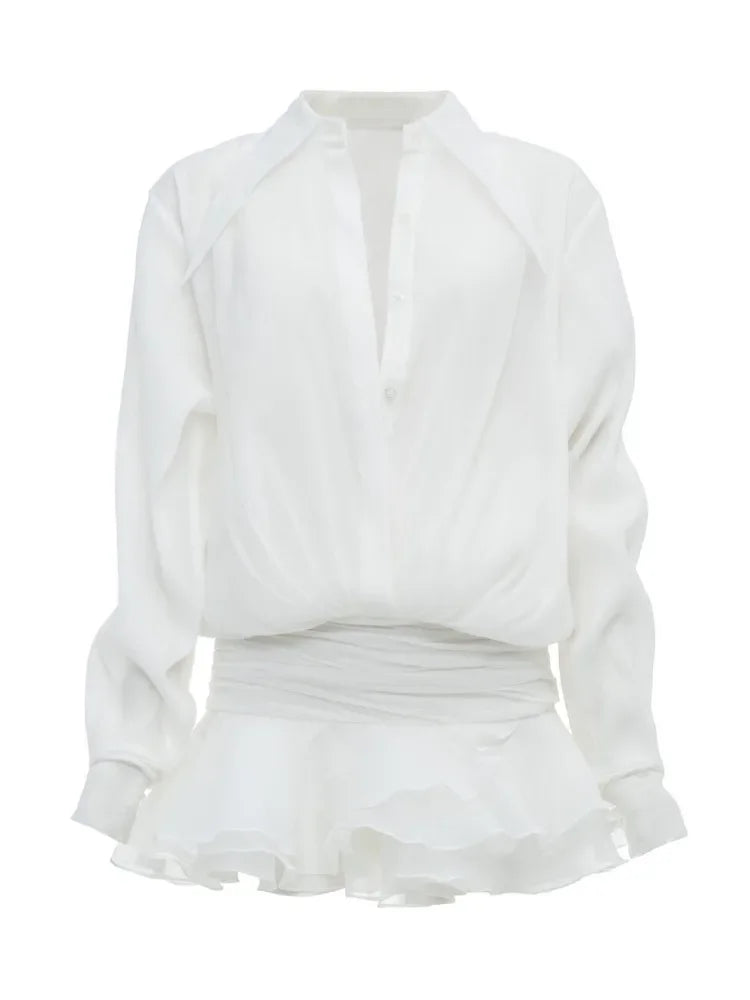 New White Chiffon Dress For Women Casual Ruffled Pleated Mini Dress See-through Loose Oversized Shirt Dress Cover-Up 2025