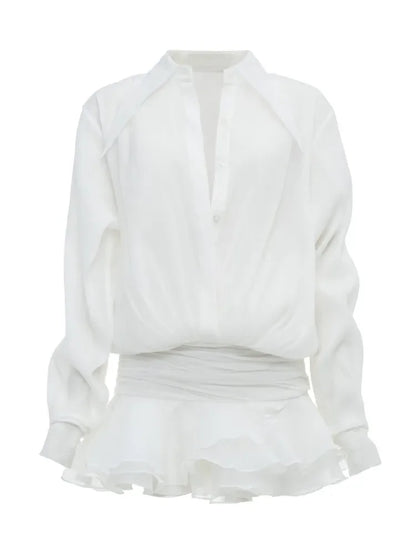 New White Chiffon Dress For Women Casual Ruffled Pleated Mini Dress See-through Loose Oversized Shirt Dress Cover-Up 2025