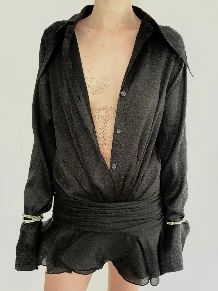 New White Chiffon Dress For Women Casual Ruffled Pleated Mini Dress See-through Loose Oversized Shirt Dress Cover-Up 2025