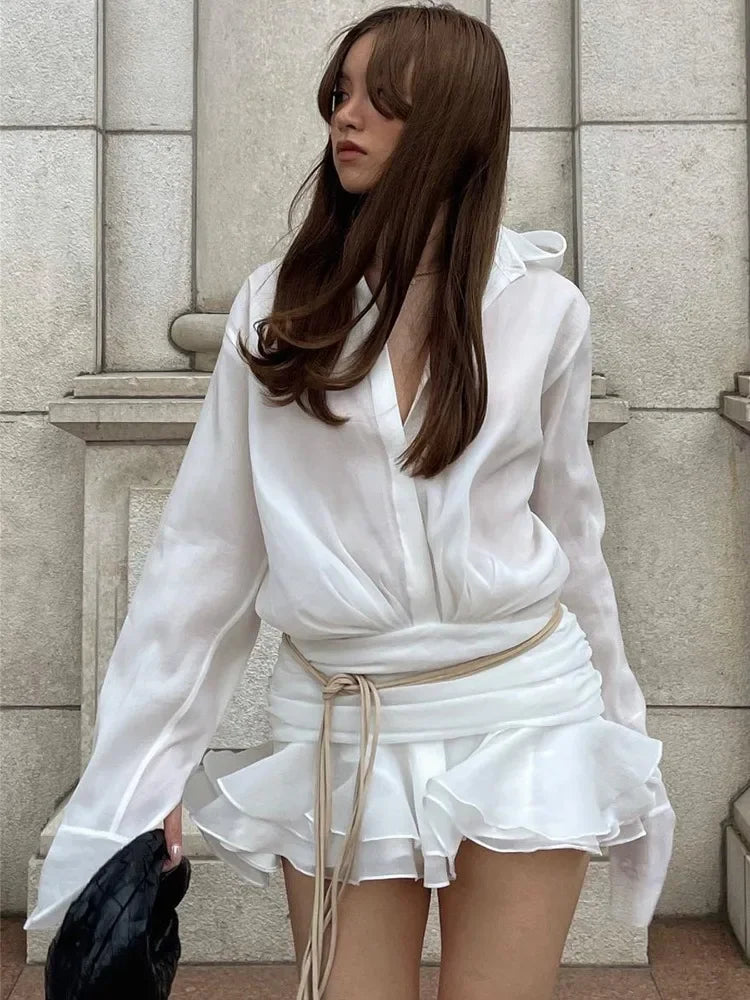 New White Chiffon Dress For Women Casual Ruffled Pleated Mini Dress See-through Loose Oversized Shirt Dress Cover-Up 2025
