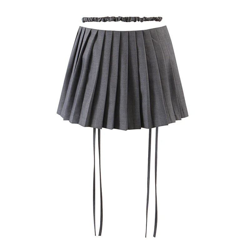 New Y2k Mini Skirts 90s Cute Streetwear Casual Grey Pleated Skirts With Belt Hot Zipped A-Line Women Short Skirt Summer
