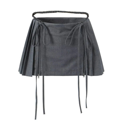New Y2k Mini Skirts 90s Cute Streetwear Casual Grey Pleated Skirts With Belt Hot Zipped A-Line Women Short Skirt Summer