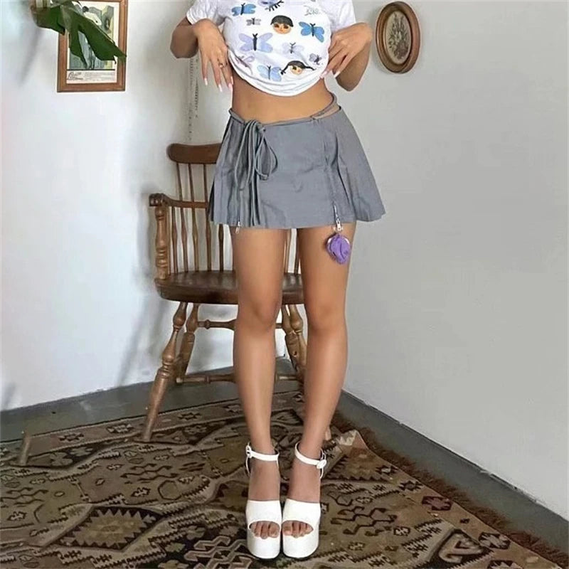 New Y2k Mini Skirts 90s Cute Streetwear Casual Grey Pleated Skirts With Belt Hot Zipped A-Line Women Short Skirt Summer