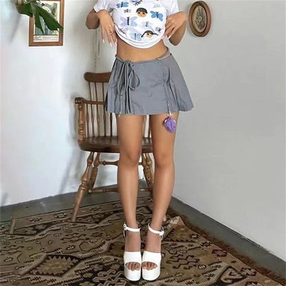 New Y2k Mini Skirts 90s Cute Streetwear Casual Grey Pleated Skirts With Belt Hot Zipped A-Line Women Short Skirt Summer