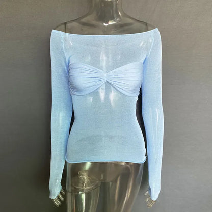 Off Shoulder Knit Sheer Tops For Women Summer White Lace Twist T-Shirt Femme Long Sleeve Mesh Tops See-Through Knitted