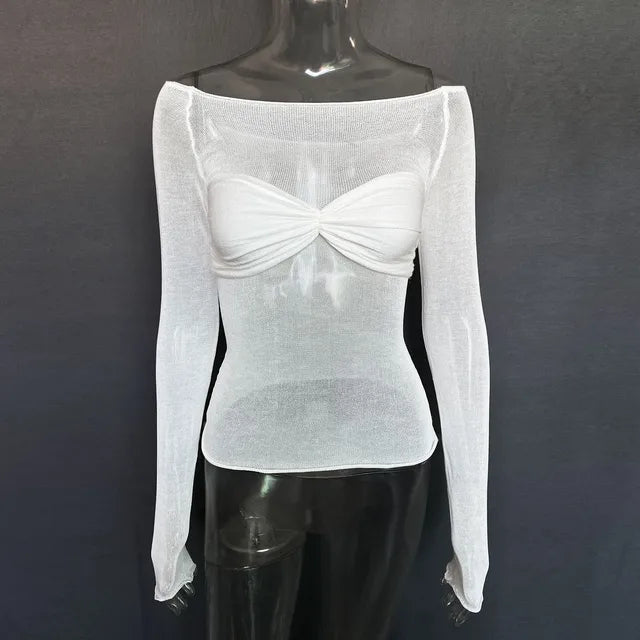 Off Shoulder Knit Sheer Tops For Women Summer White Lace Twist T-Shirt Femme Long Sleeve Mesh Tops See-Through Knitted
