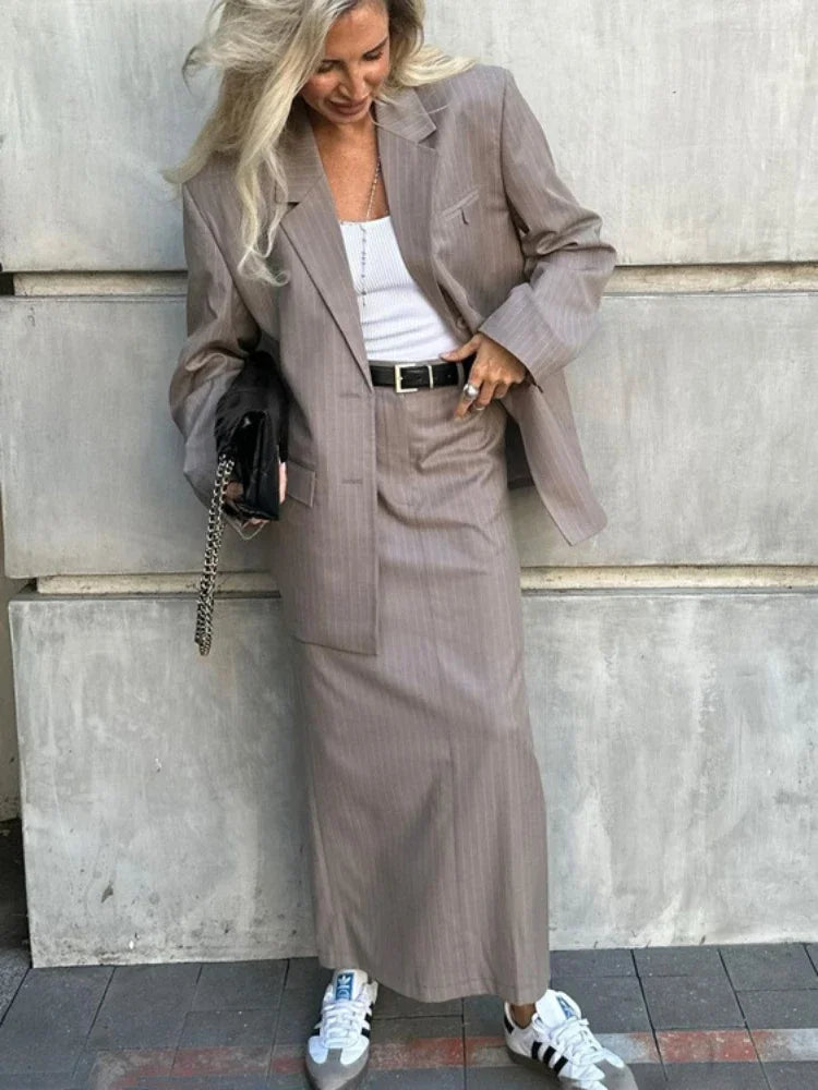 Blazers de gran tamaño para mujer, faldas de cintura alta con aberturas holgadas, conjuntos casuales de calle de 2 piezas.