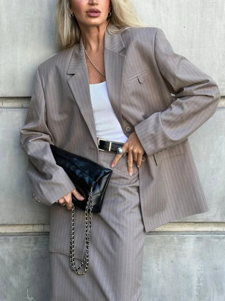 Blazers de gran tamaño para mujer, faldas de cintura alta con aberturas holgadas, conjuntos casuales de calle de 2 piezas.