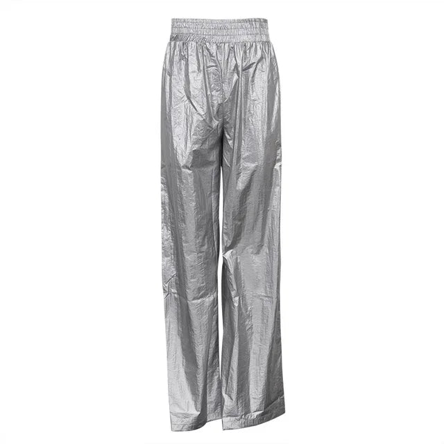 Pantalones de PU plateados para mujer, otoño invierno, cintura alta, informales, holgados, de pierna ancha, para fiesta, club, moda urbana, 2025