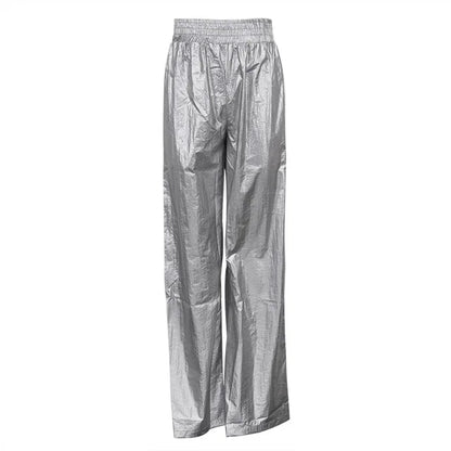 Pantalones de PU plateados para mujer, otoño invierno, cintura alta, informales, holgados, de pierna ancha, para fiesta, club, moda urbana, 2025
